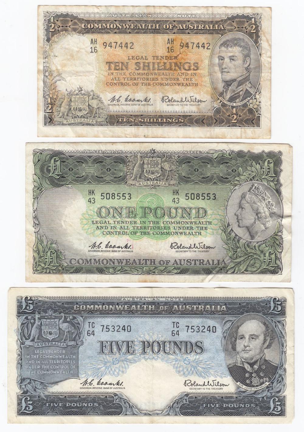 Australia 'Coombs - Wilson' Reserve 10/-, £1 & £5 (1960-1) , Fine details & Very Fine (3 notes)