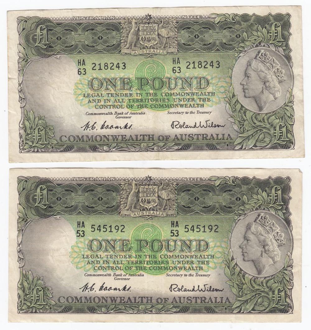 Australia 'Coombs - Wilson' Commonwealth £1 (1953), Very Fine or better (2 Notes)