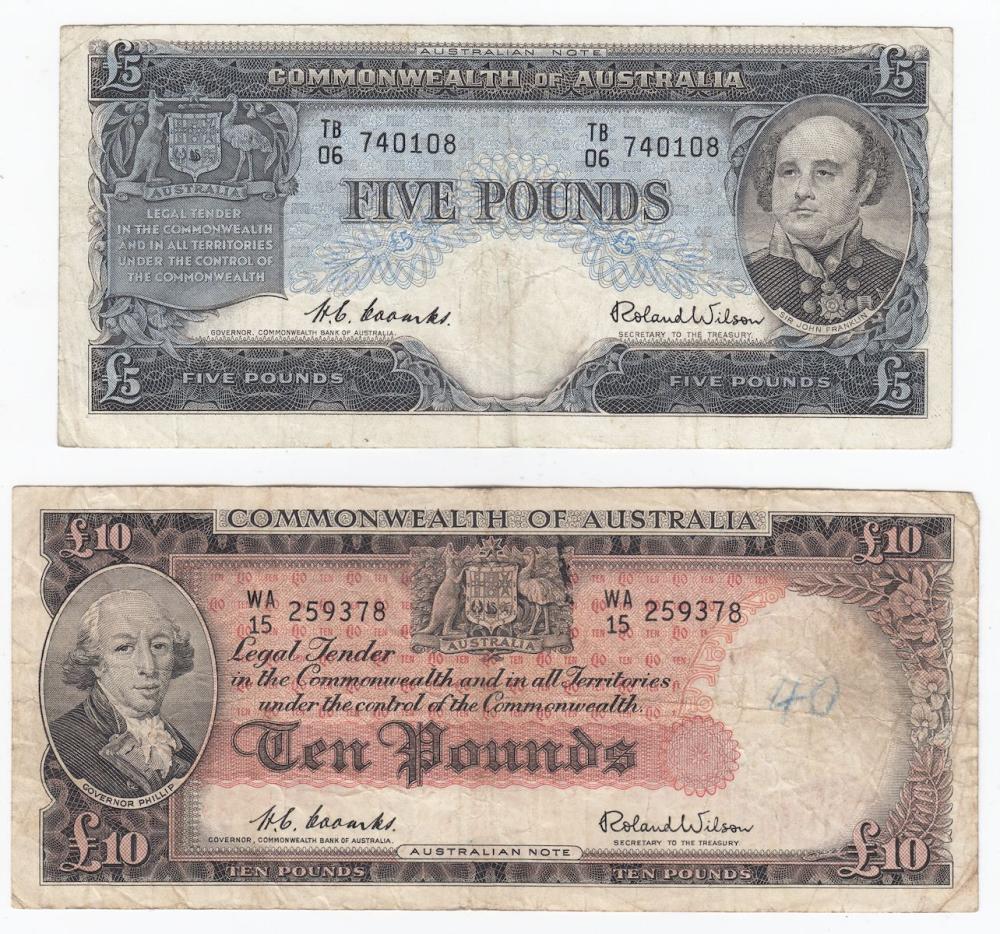 Australia 'Coombs - Wilson' Commonwealth £5 & £10 (1954), good Fine details or better (2 Notes)