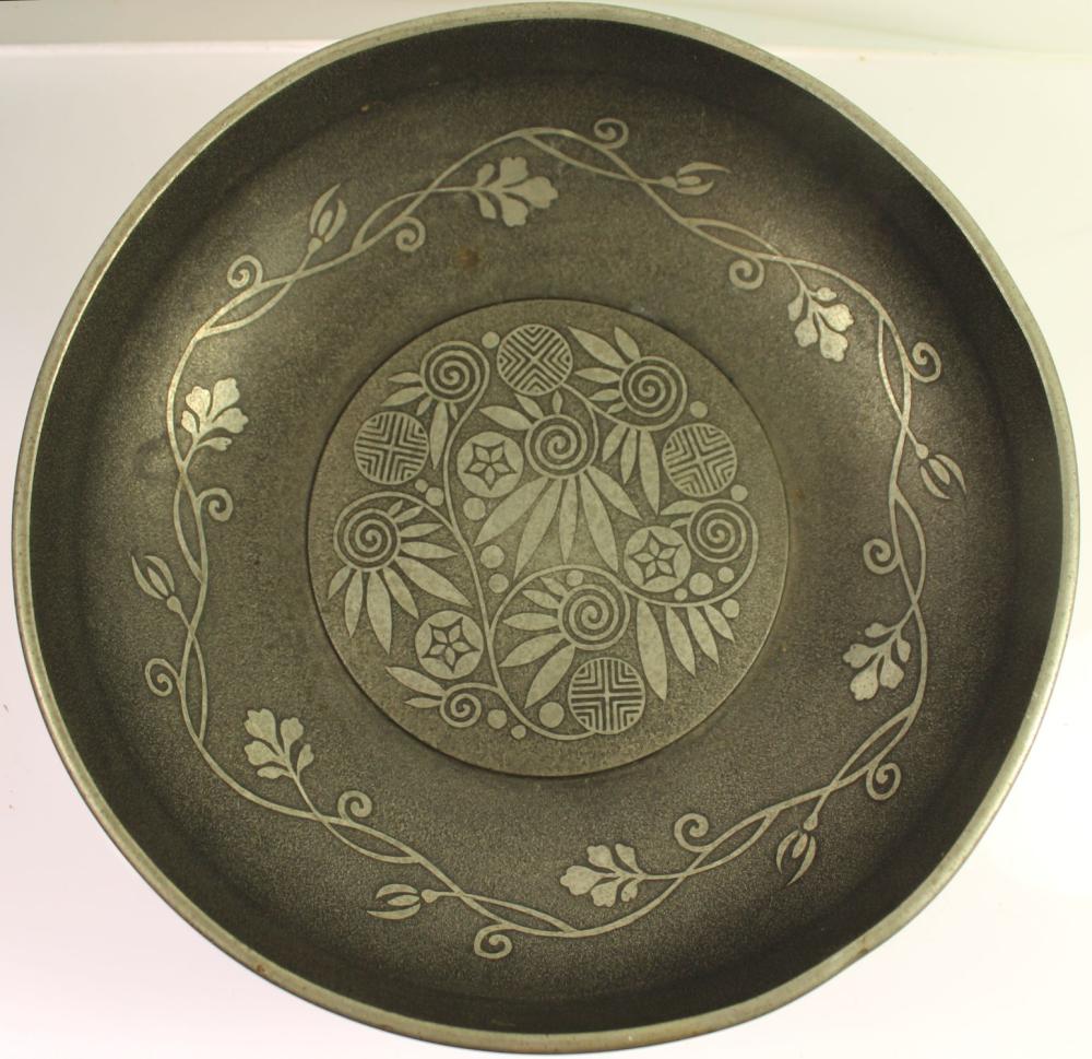 Vintage Japanese Pewter Bowl with Silver Inlay decorative design