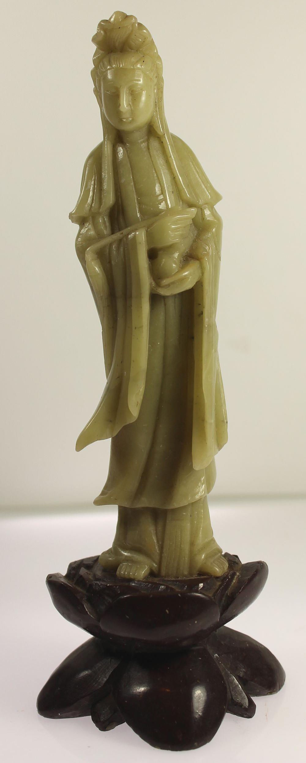 Chinese Soapstone Carving of a Standing Woman on a Lotus Leaf Wooden Stand