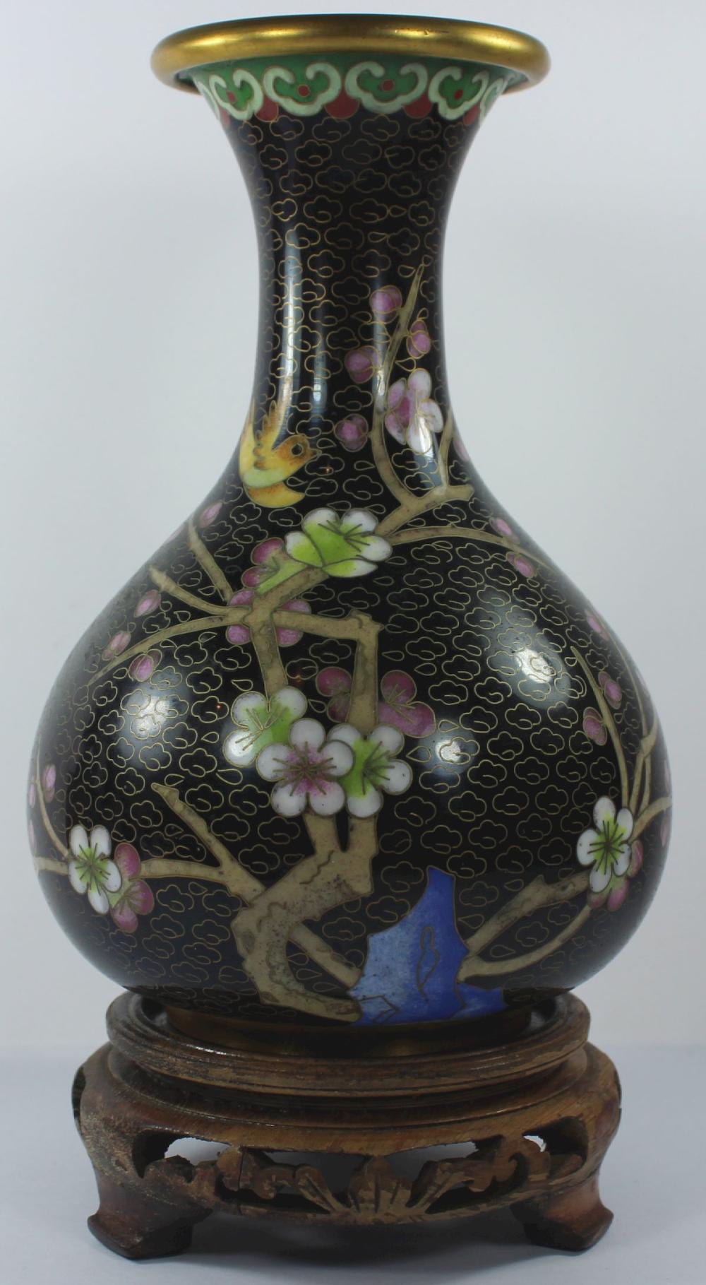 Vintage Chinese Black Cloisonne Vase on Wooden Stand