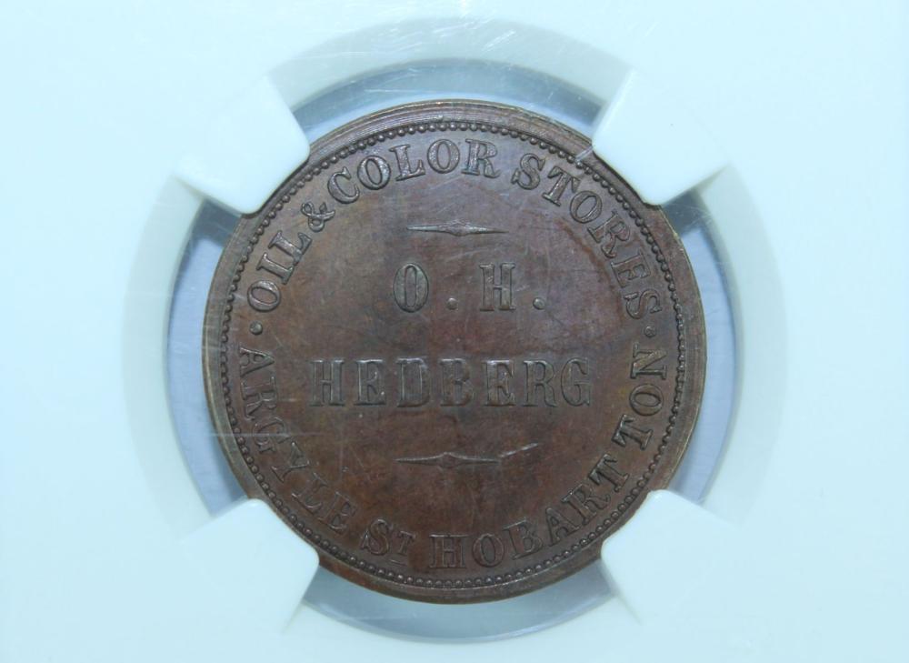 Australia / New Zealand 'O.H.Hedberg, Hobart - Levy Lipman, Wellington' Mule Halfpenny (ND c.1860s), NGC MS64 BN