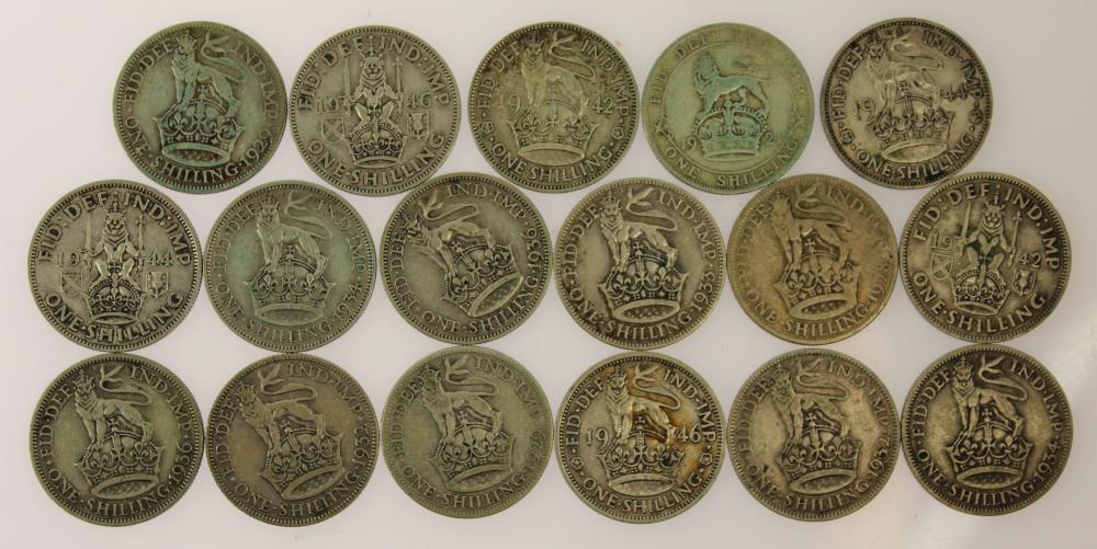 Great Britain 1921 - 1946 Silver (500) Shillings, Fine or better (17 coins)