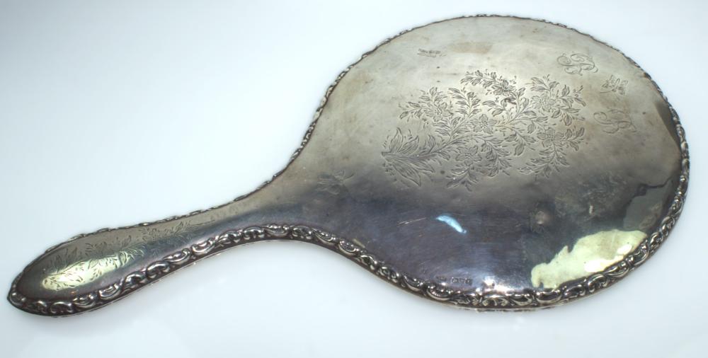 Antique Sterling (925) Silver Hand Mirror with etched Floral Design to back
