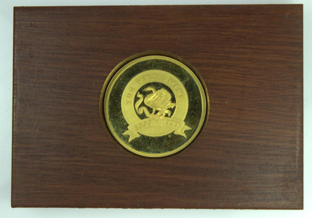 Australia 1999 Perth Mint Gold-plated Medal in original Jarrah Display Box, near FDC