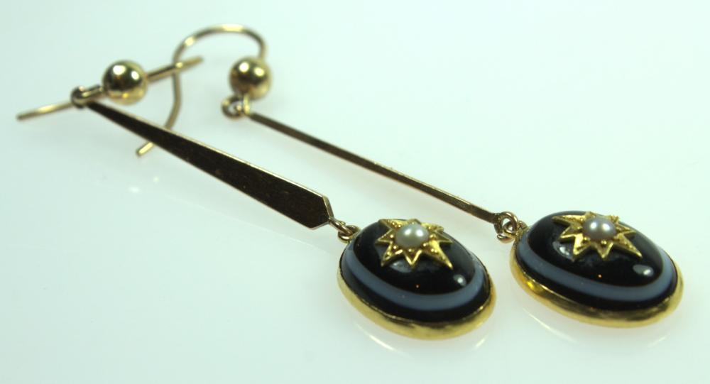 Scandinavian Banded Glass Drop Earrings in 14ct Yellow Gold with 9ct Stems