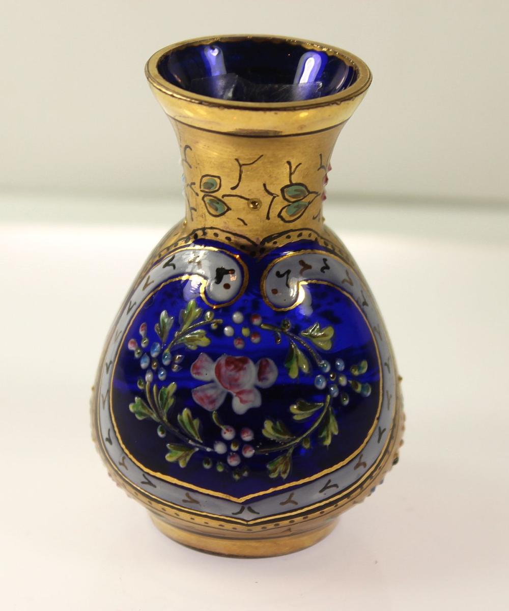 Antique Miniature Moser Vase with Enameled Glass