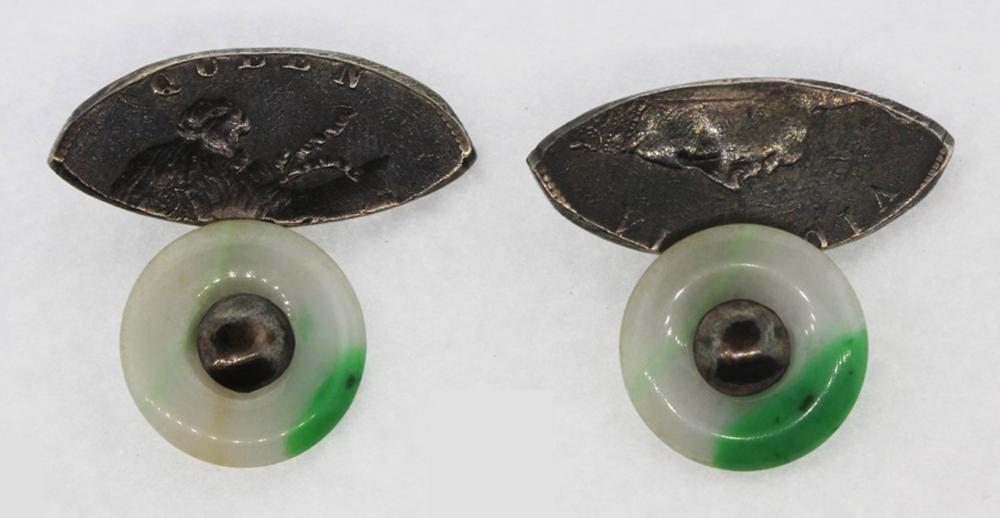 Chinese Jade and Silver Cufflinks of Unique Style
