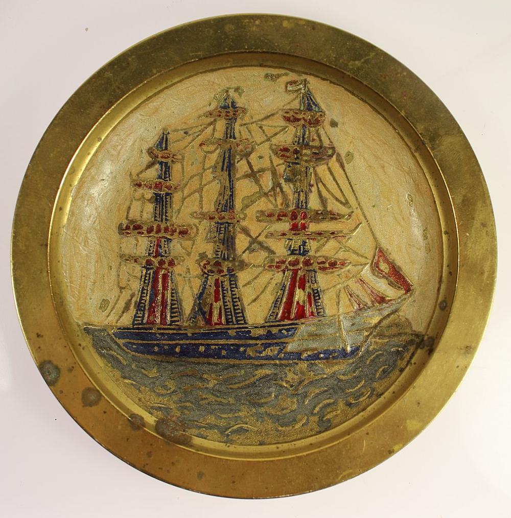 Enamelled Brass Pin Dish with a Three-masted Schooner design