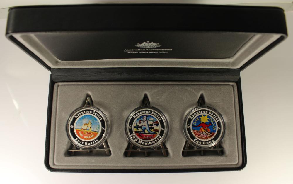 Australia 2009 'Great Australian Artist - Special Kangaroo Edition' Proof Silver (999) Coloured Dollars, FDC (3 coins)