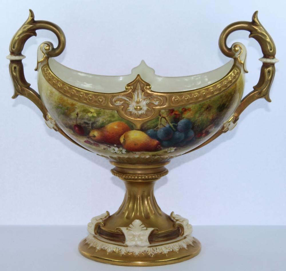 Royal Worcester Vase signed Ricketts. Boat shaped with Fruit design