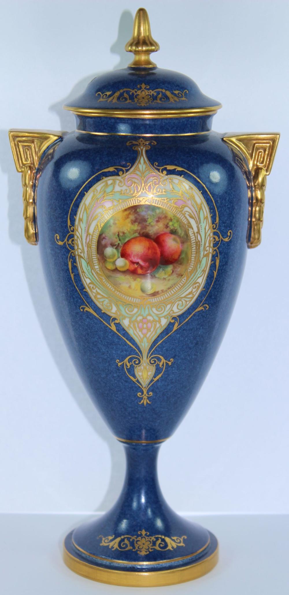 Royal Worcester Blue Vase with Cover signed E Townsend. Gilt decoration with Fruit cameo