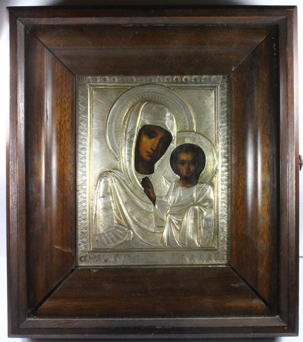 Antique Russian Icon of Madonna & Christ Child with Silver Overlay, circa 19th Century