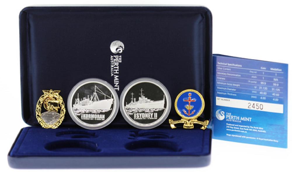 Australia. 2008 'HMAS Sydney II - HSK 8 Kormoran' Silver (0.999) Proof $1 & Medallion, FDC cased