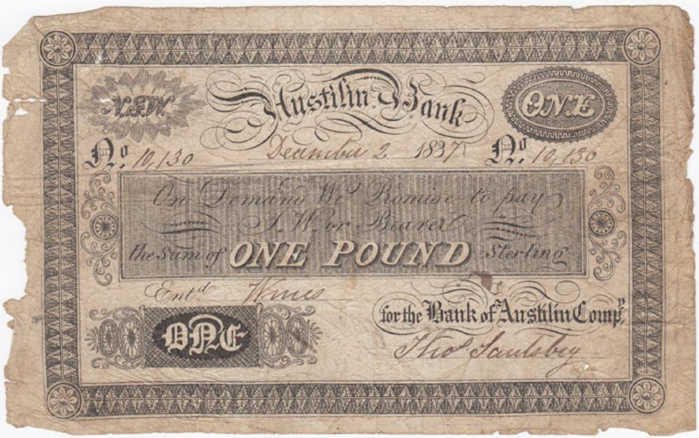 Australia 'Austilin Bank' £1 dated December 2 1837, Fine