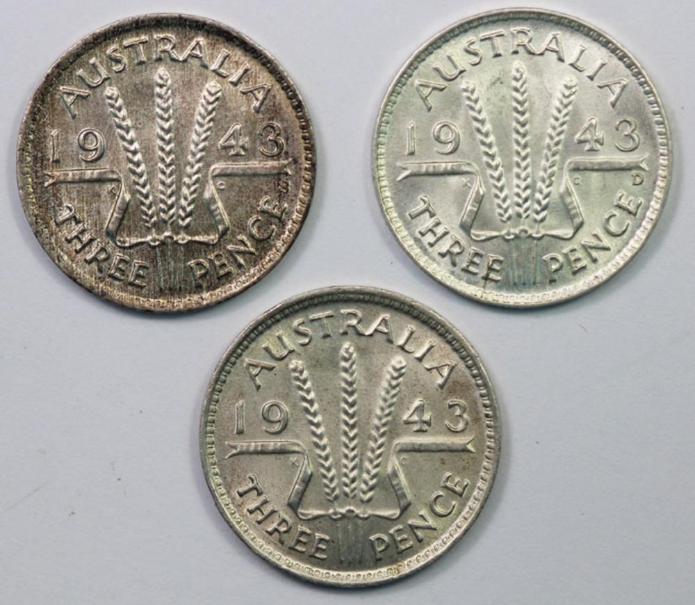 Australia. 1943, 1943 D & 1943 S Threepences, all Choice Uncirculated (3 coins)