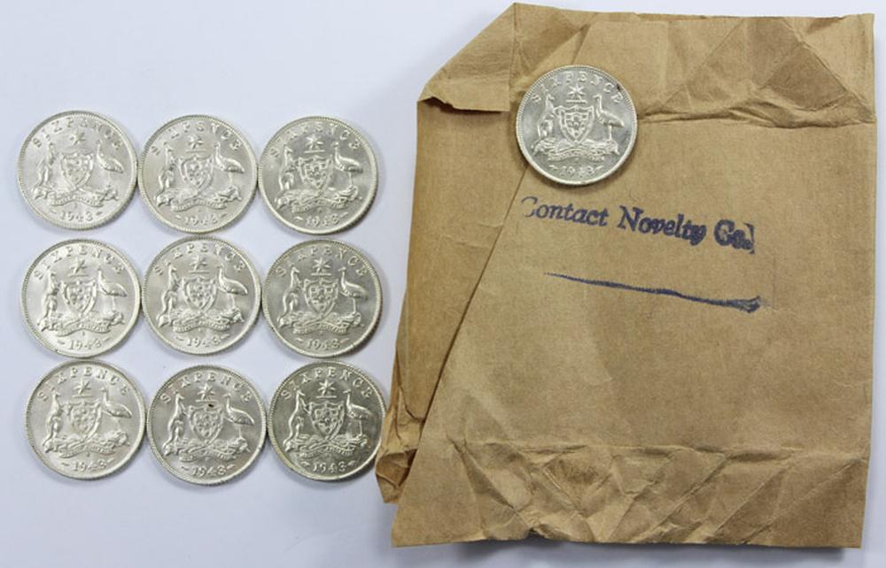 Australia. 1943 S Sixpence, Uncirculated to Choice Uncirculated (10 coins)