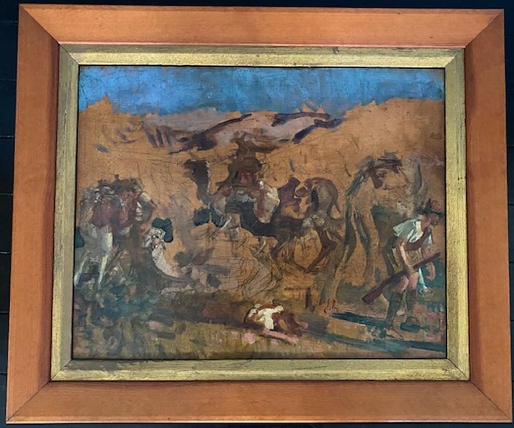 'George Washington Lambert' (Australian,1873-1930) Oil Study on Board of the Australian Camel Corps in Battle in Palestine c.1917. Initialled in bottom right corner 'GWL'