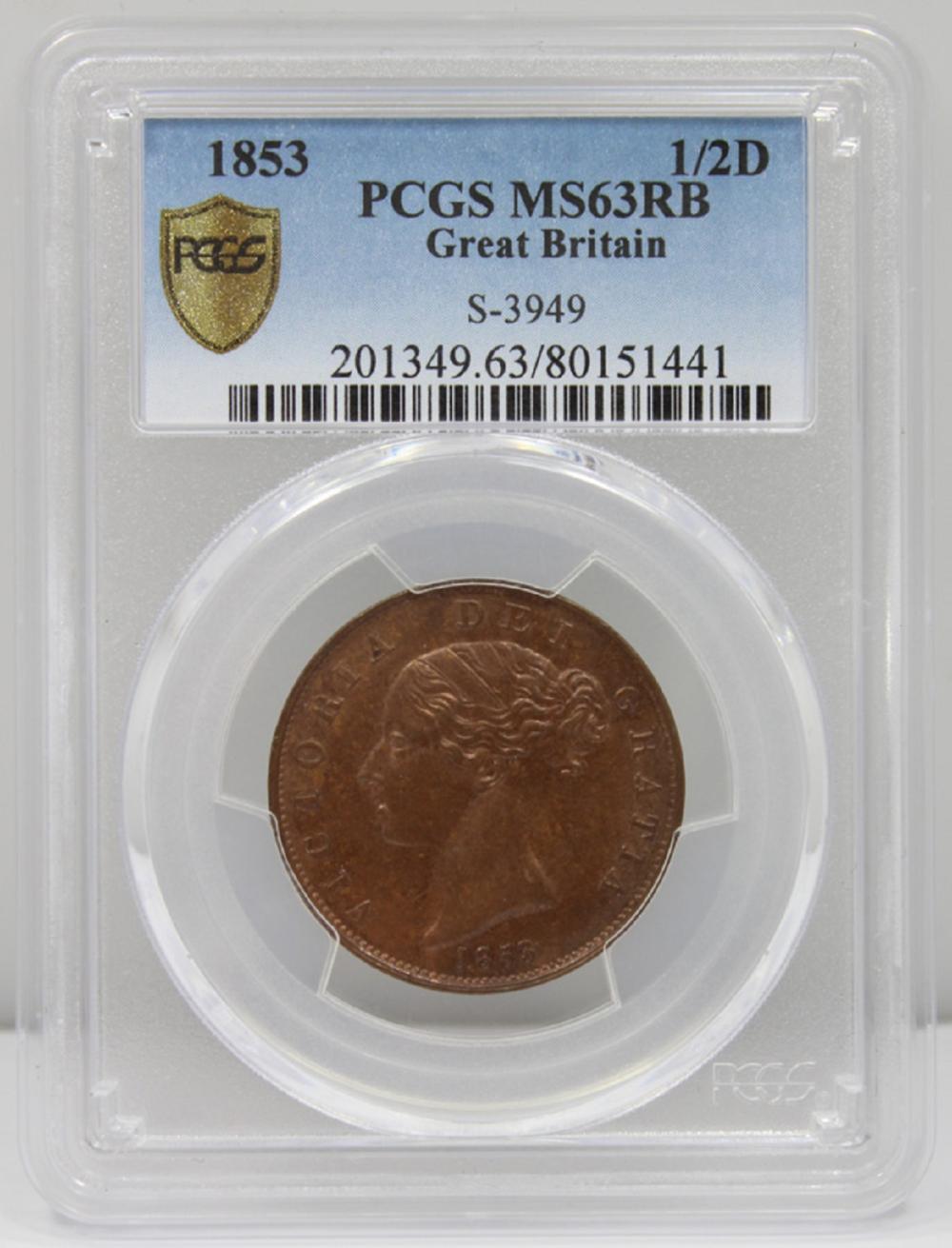 Great Britain. 1853 Half Penny, PCGS MS63 RB