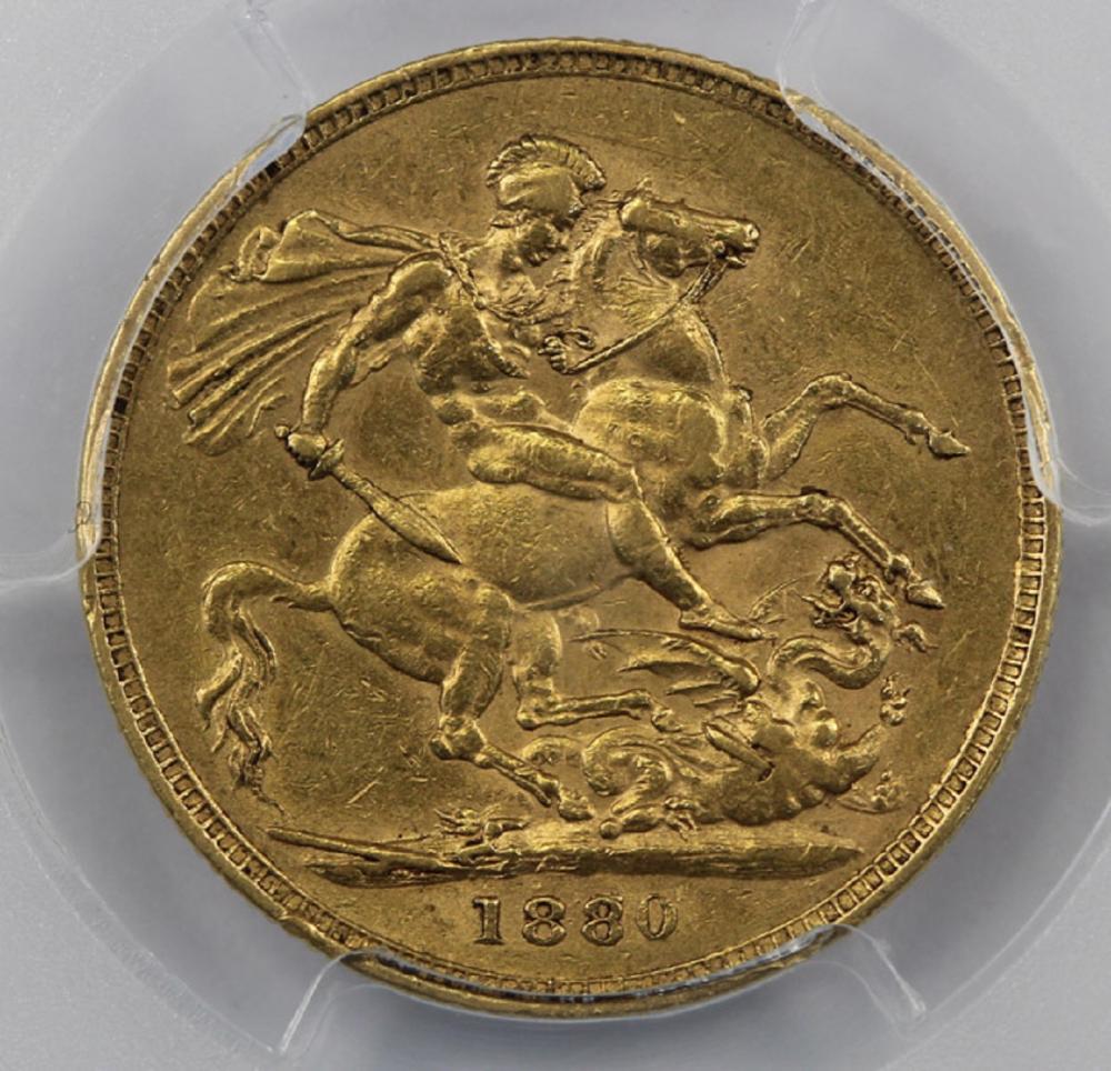 Great Britain. 1880 (8/7 Overdate) Sovereign, PCGS XF45