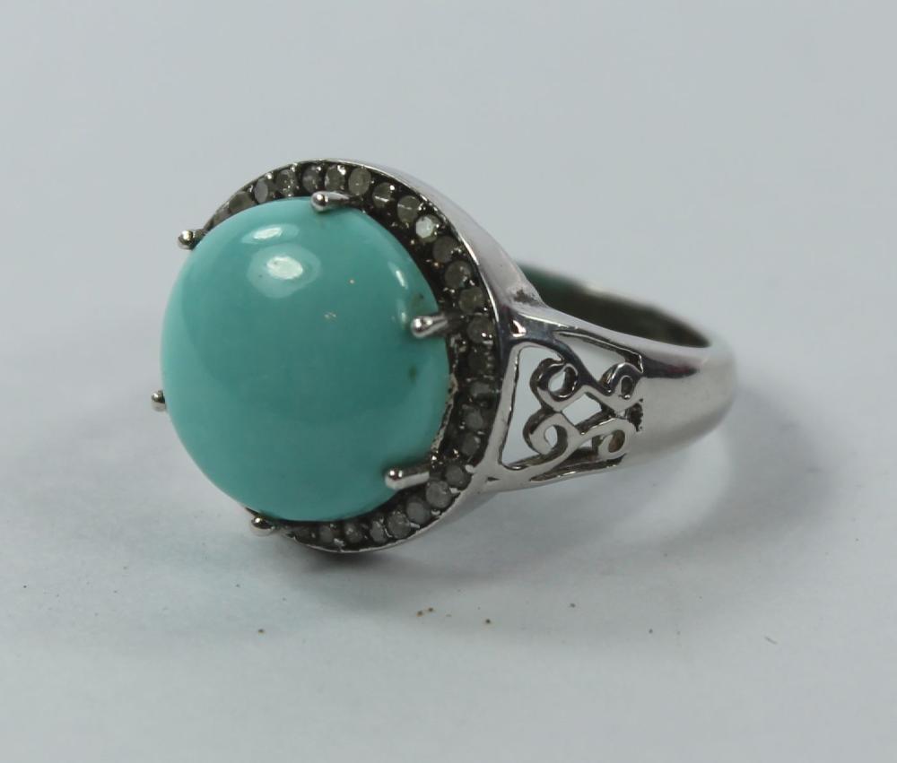 Sterling (925) Silver Ring with Turquoise-coloured Button surrounded by White Sapphires