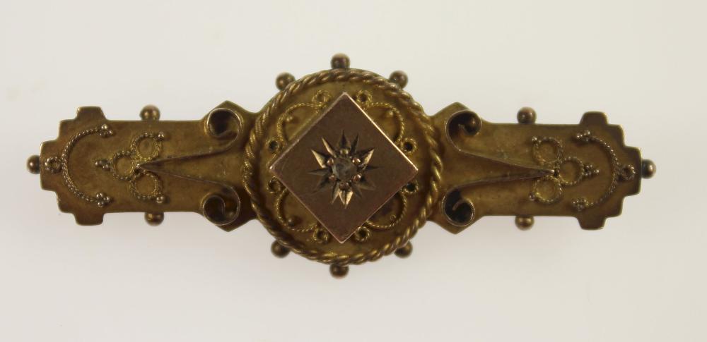 Late Victorian Mourning Brooch in 9ct Yellow Gold with a small Central Diamond
