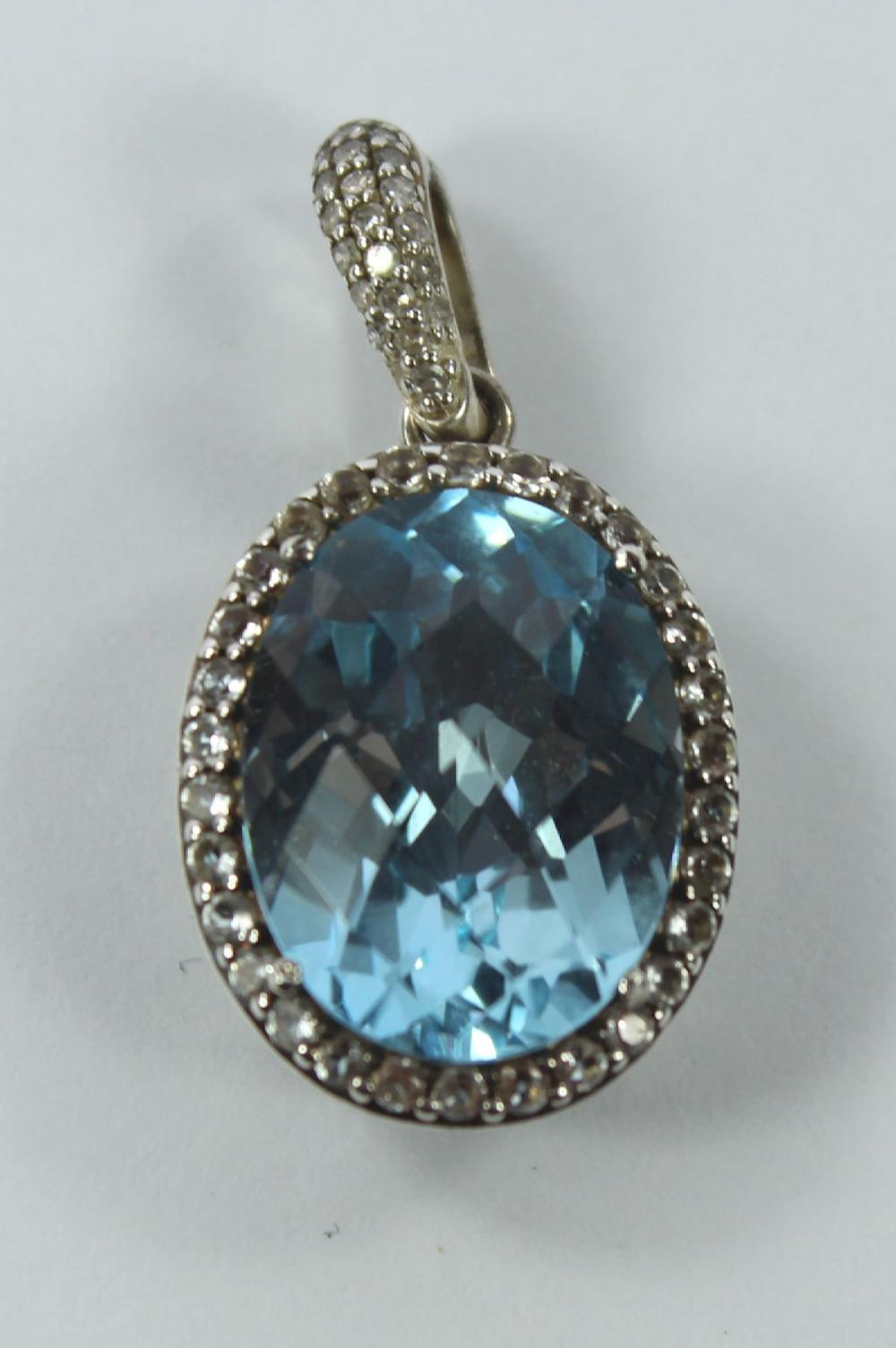 Multi-faceted Blue Topaz Aquamarine & White Sapphire Enhancer/Pendant in Sterling (925) Silver
