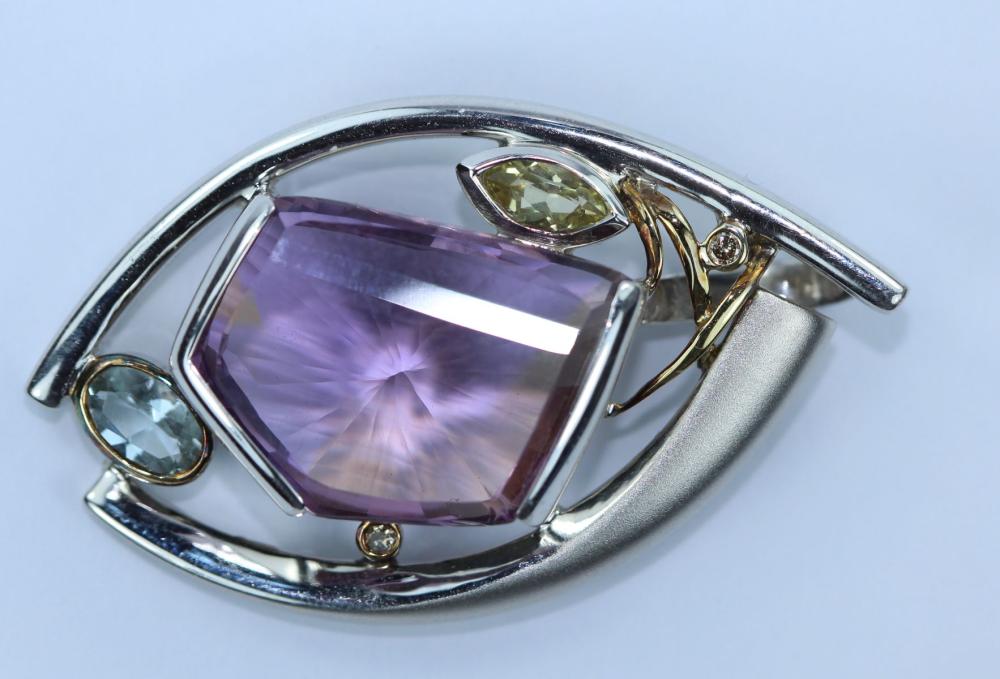 Modern design polished Silver (925) Pendant with oblique cut Amethyst surrounded by Topaz, Citrine and two small Diamonds