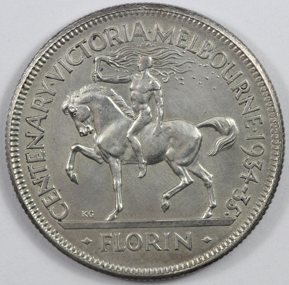 Australia. 1934/5 'Melbourne Centenary' Florin, about Uncirculated