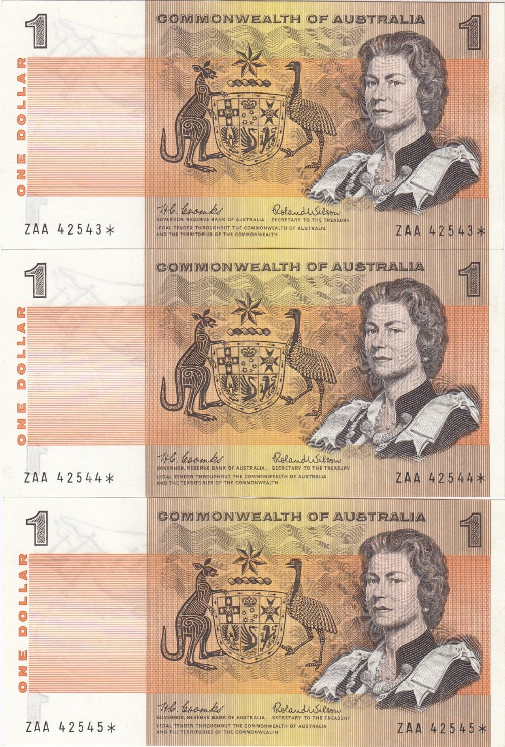 Australia. 'Coombs - Wilson' ZAA First Prefix * Replacement $1 (1966), Choice Uncirculated OPQ (Consecutive Trio)