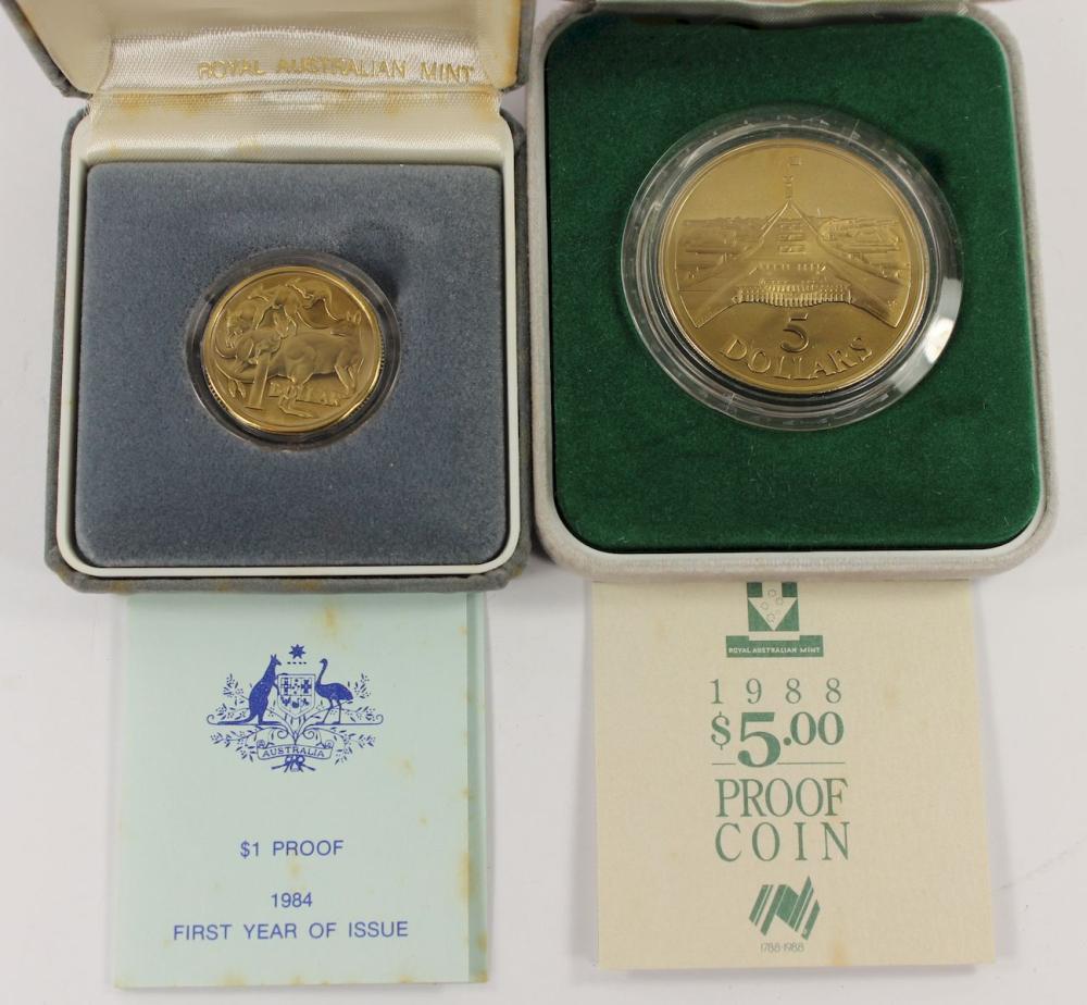 Australia 1984 Al-Br Proof $1 & 1988 Al-Br Proof $5, FDC (2 coins)
