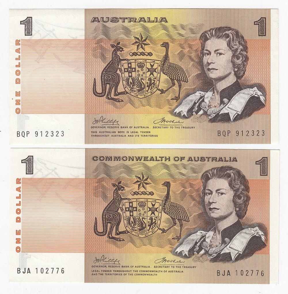 Australia 'Phillips - Wheeler Australia $1 (1972), Uncirculated OPQ (2 notes)