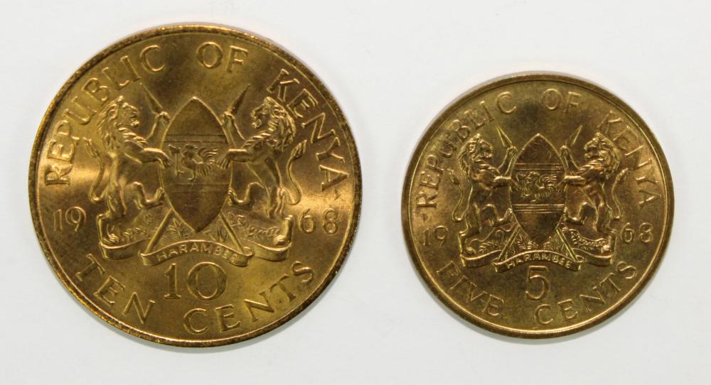Kenya 1968 Five & Ten Cents, Brilliant Uncirculated ( 2 coins)