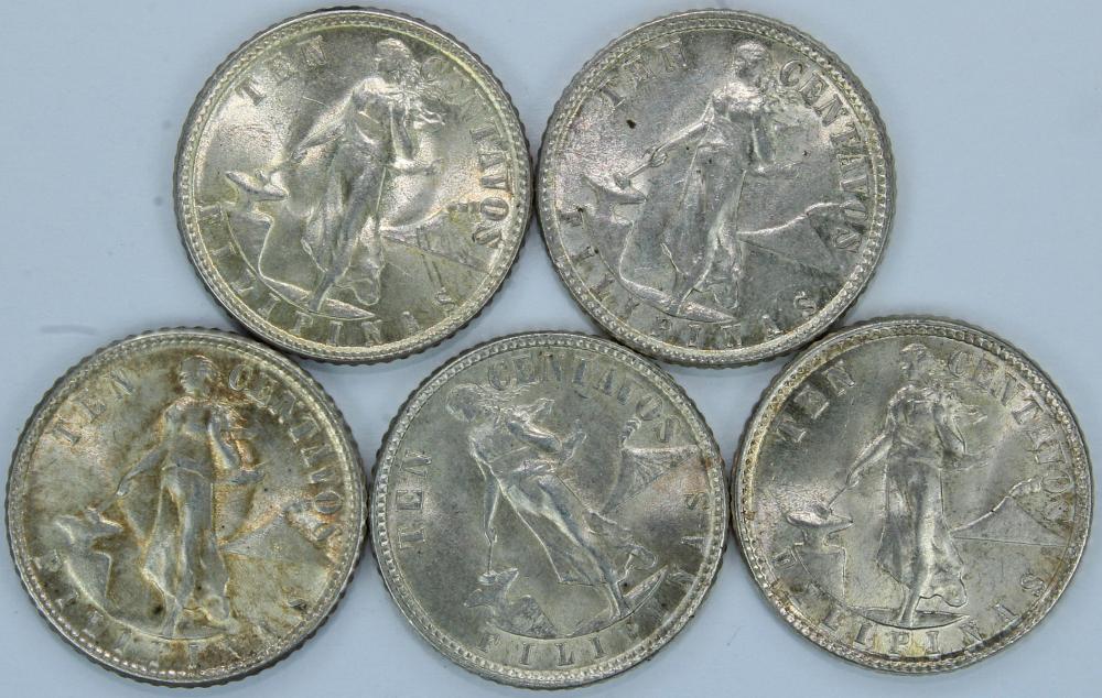 Philippines 1945 D Silver (900) Ten Centavos, Brilliant Uncirculated (5 coins)