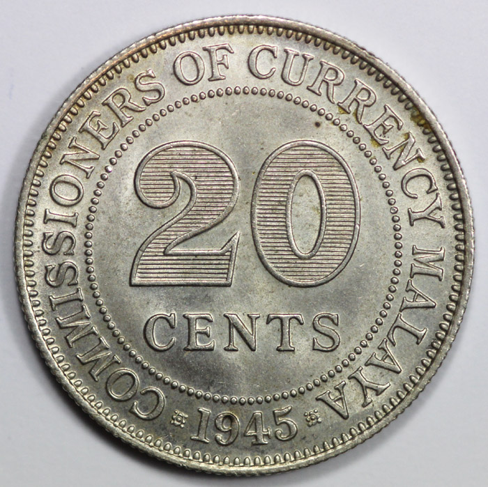 Malaya 1945 Silver 20 Cent,... image