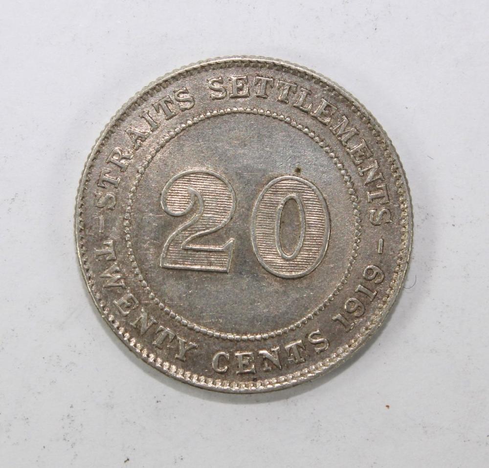 Straits Settlements 1919 B Silver (400) 20 Cents, Extremely Fine details