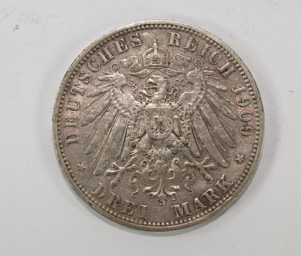 Prussia 1909 Silver (900) 3 Marks, about Extremely Fine