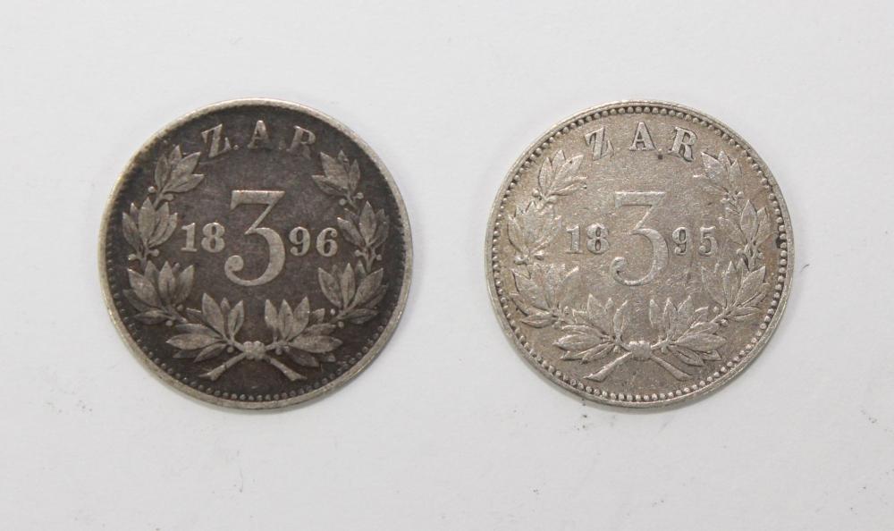 ZAR (South Africa) 1895 & 1896 Silver (925) 3 Pence, about Very Fine or better