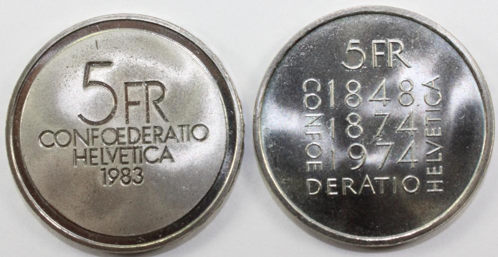 Switzerland 1974 & 1983 5 Francs, Uncirculated (2 coins)