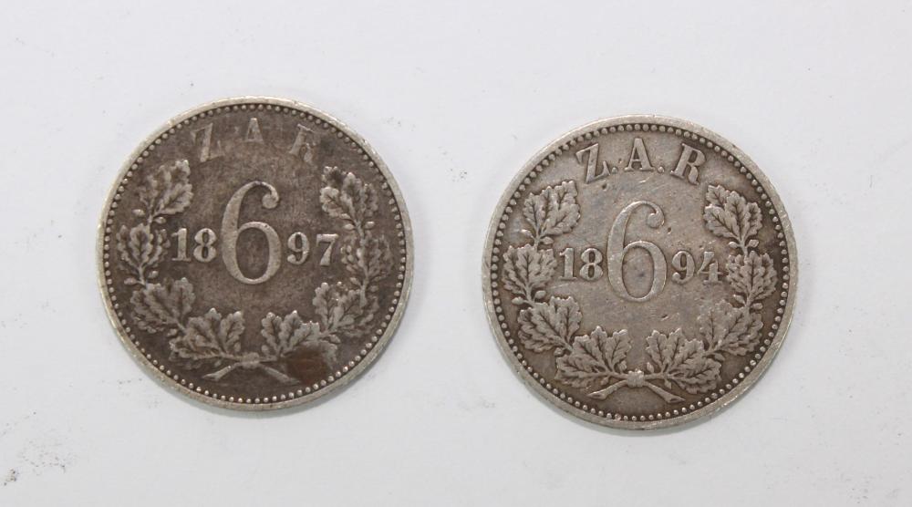 ZAR (South Africa) 1894 & 1897 Silver (925) 6 Pences, Fine (2 coins)