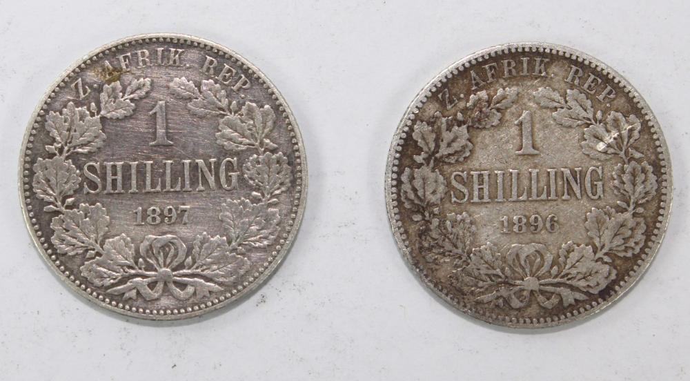 ZAR (South Africa) 1896 & 1897 Silver (925) Shillings , Fine & Very Fine (2 coins)