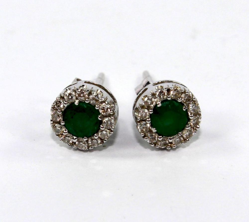 Emerald & Diamond Stud Earrings in 18ct White Gold (Pair)