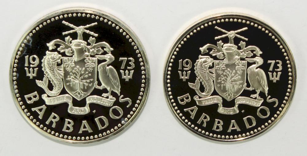 Barbados 1973 Silver (800) Proof $5 & $10, near FDC