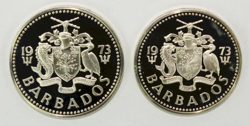 Barbados 1973 Silver (800) Proof $5 & $10, near FDC