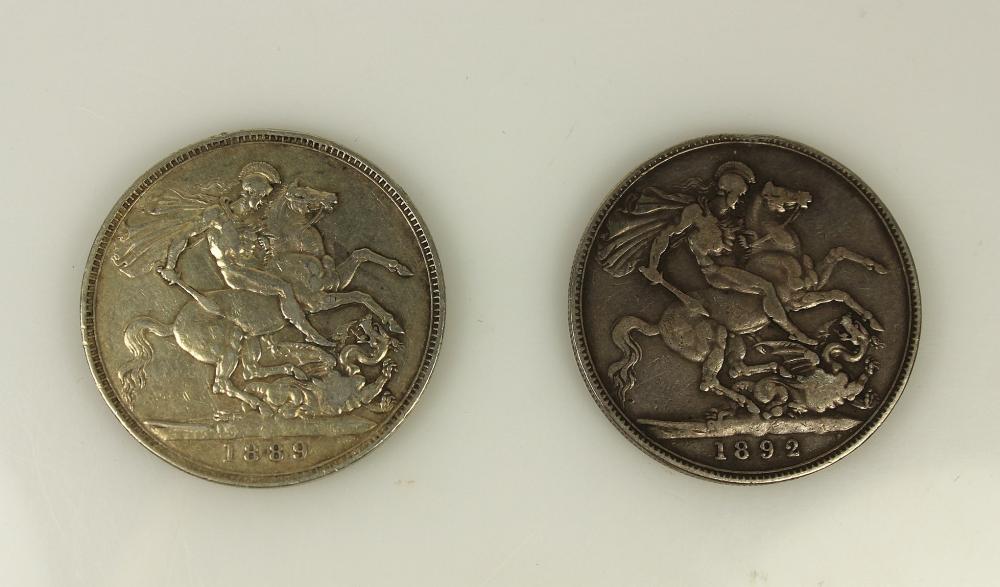 Great Britain 1889 & 1892 Victoria Jubilee Head Silver (925) Crowns, Fine or better (2 coins)