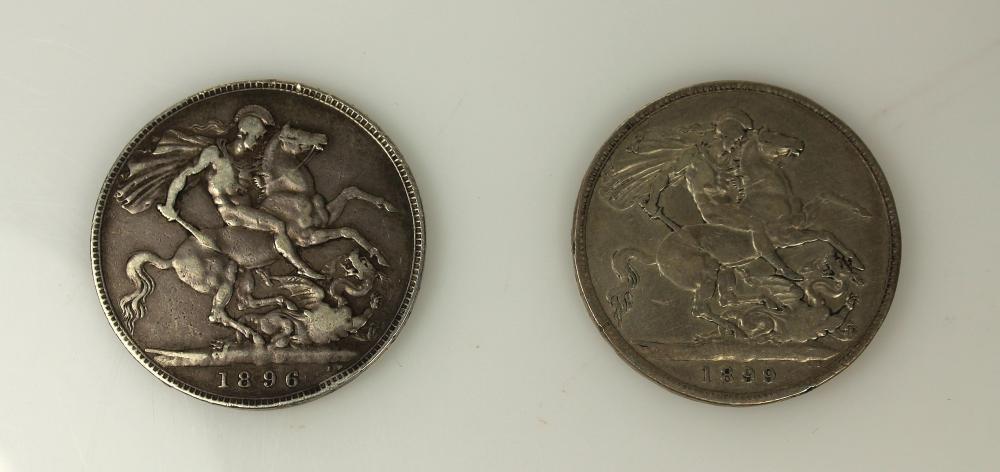 Great Britain 1896 & 1899 Victoria Veiled Head Silver (925) Crowns, Fine or better (2 coins)
