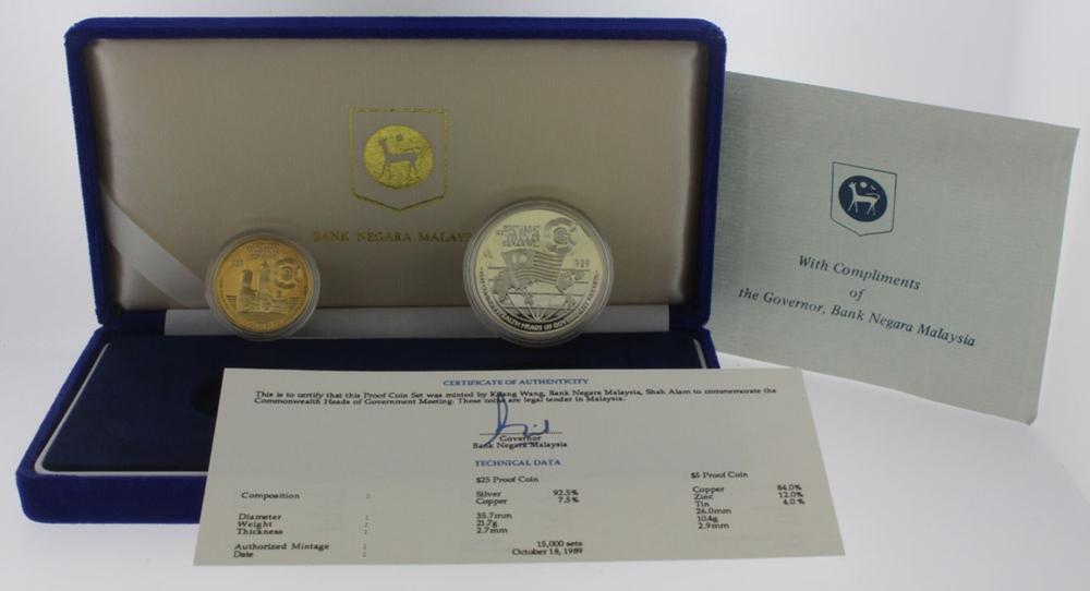 Malaya 1989 5 & 25 Ringgit Proof Set, FDC cased (2 coins)