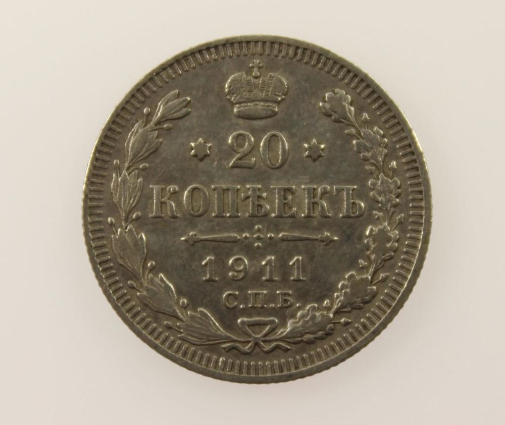 Russia 1911 Silver (500) 20 Kopek, good Very Fine