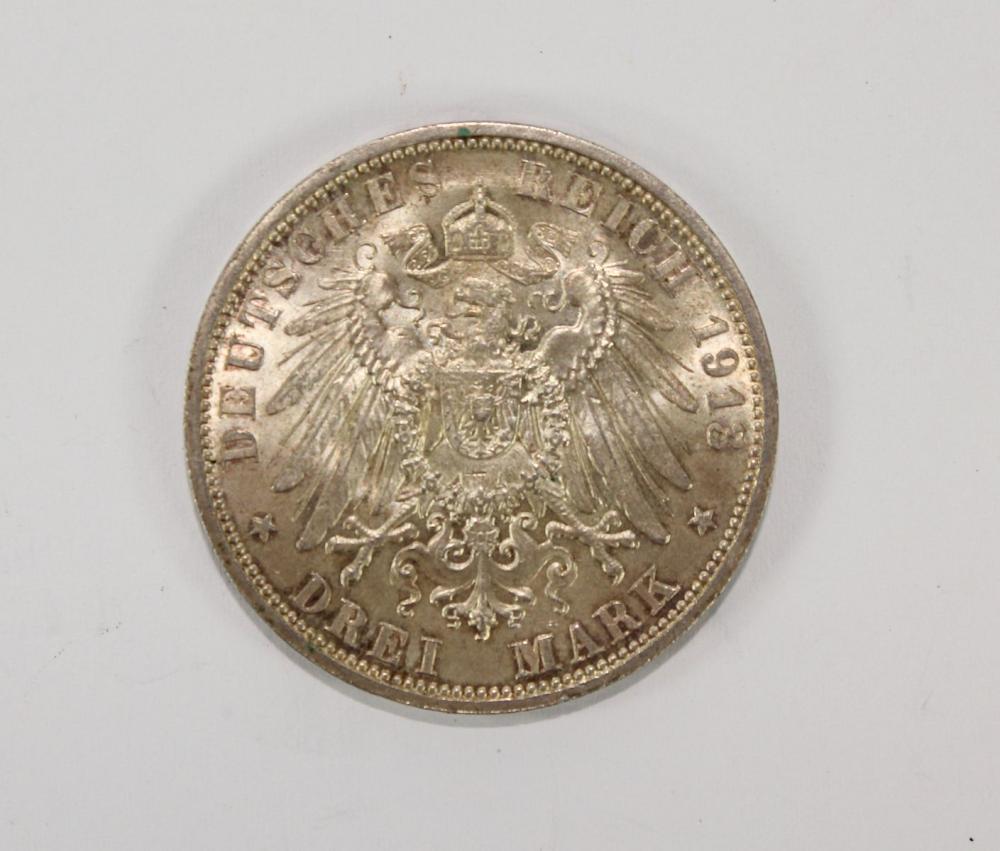 Prussia (Germany) 1913 A Silver (900) 3 Mark, Choice Uncirculated